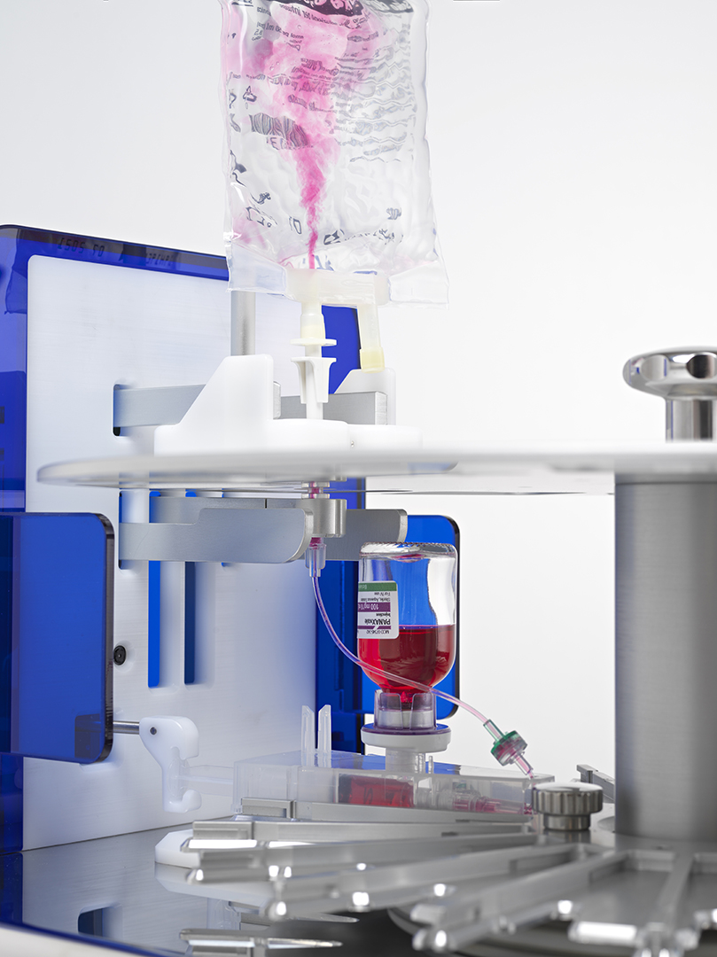 Close-up of an oncology drug vial inside a Smart Cartridge during dosing