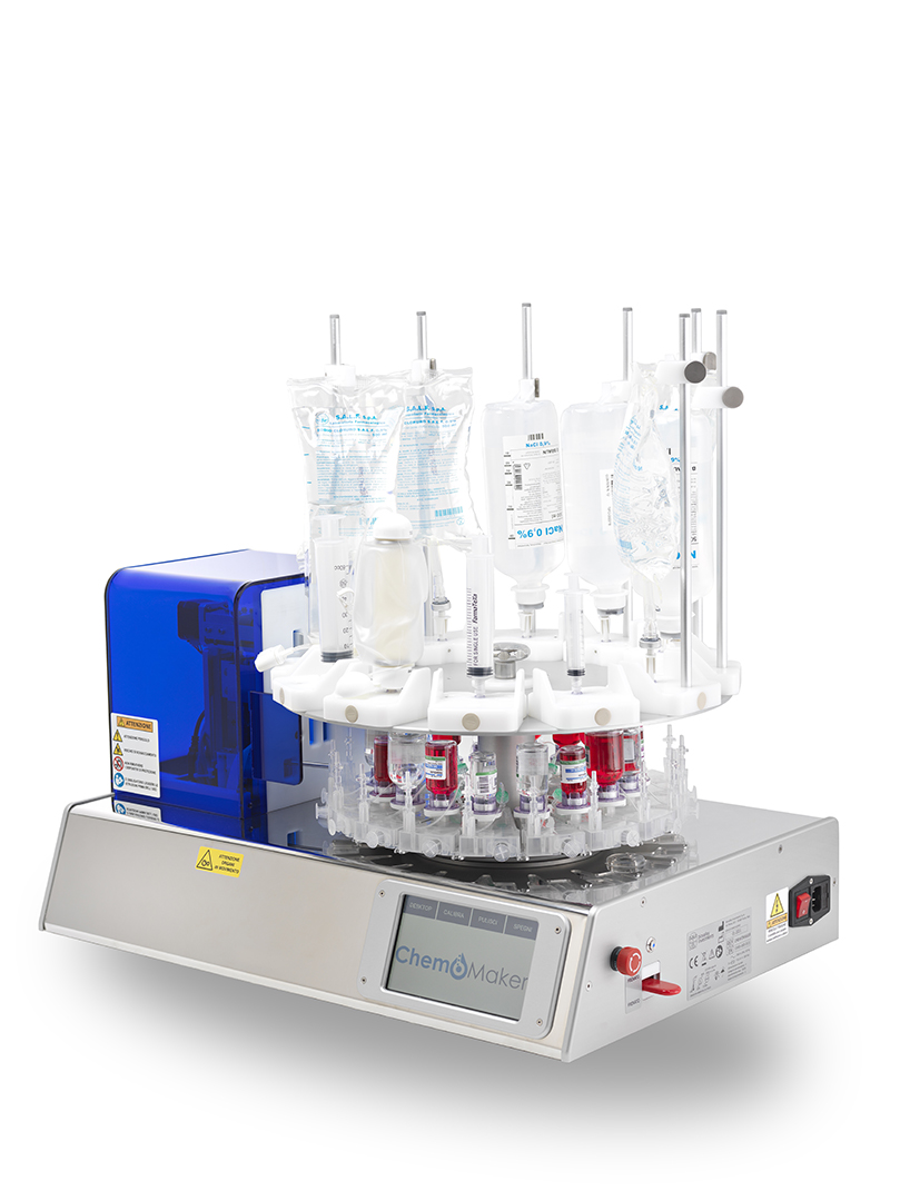 ChemoMaker+® — studio portrait, loaded with 12 IV bags and 16 drug vials