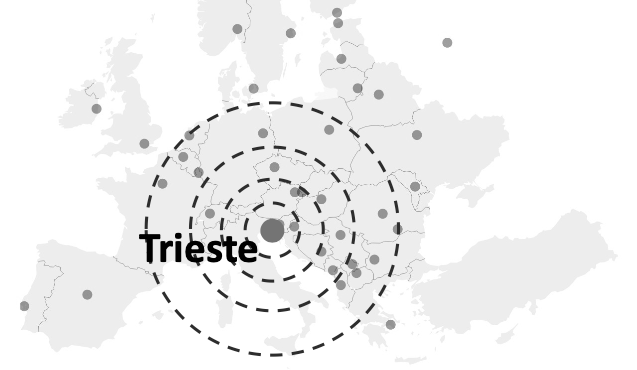European map centred on Trieste, with deployment locations of ChemoMaker+®